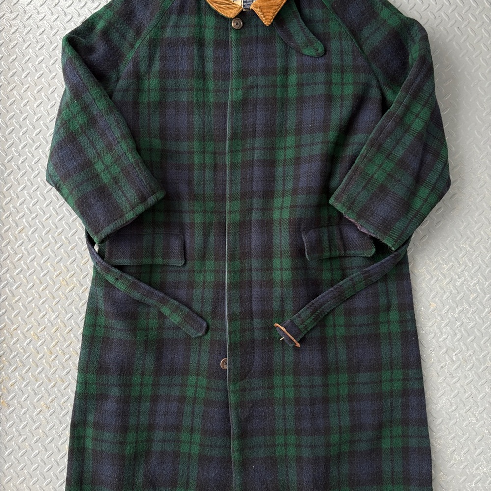 1990s Ralph Lauren Plaid Trench Coat with Tan Collar